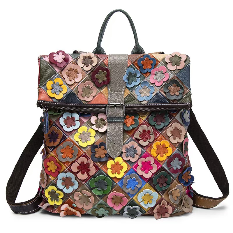 Fashion Backpack Women - Vintage dames lederen rugzak bloem echt